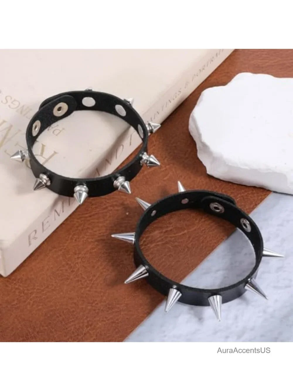 2 Pcs Punk Spike Bracelet Set Studded Faux Leather Adjustable Goth Cuff